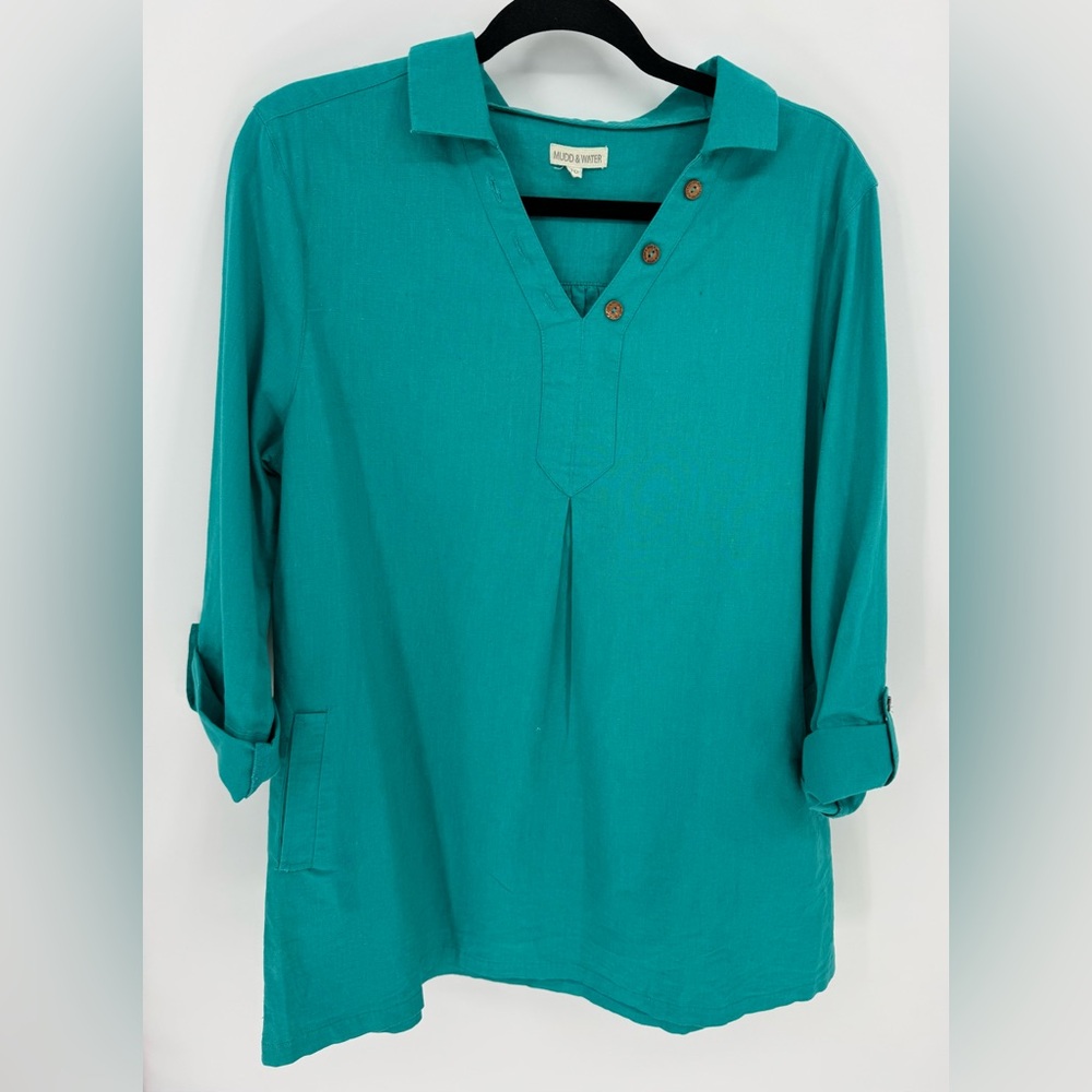 Mudd & Water Springtime Tunic - Teal - Organic Cotton Linen Blend